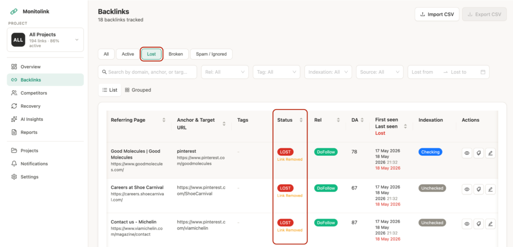 Backlink monitoring and broken link 