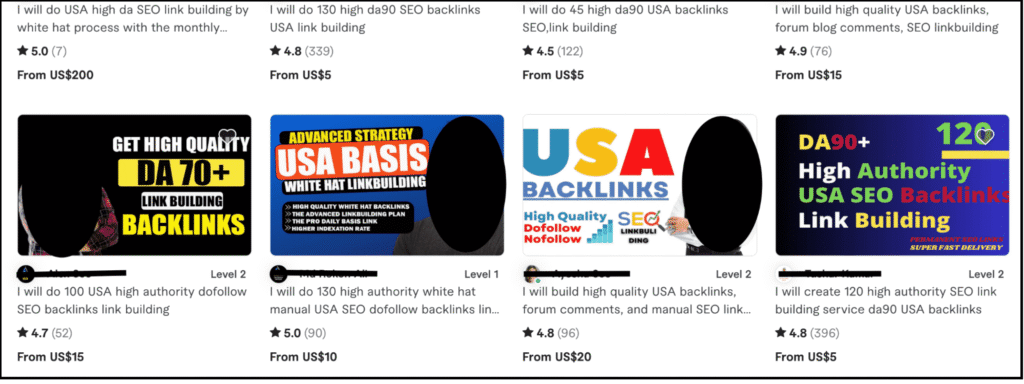 multiple fiverr seo service listings offering usa high authority backlinks