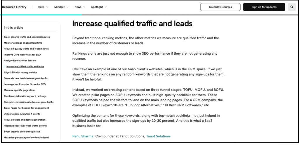 article titled “increase qualified traffic and leads” explaining how saas companies use bofu keywords like “hubspot alternatives” to boost sign-ups and seo performance