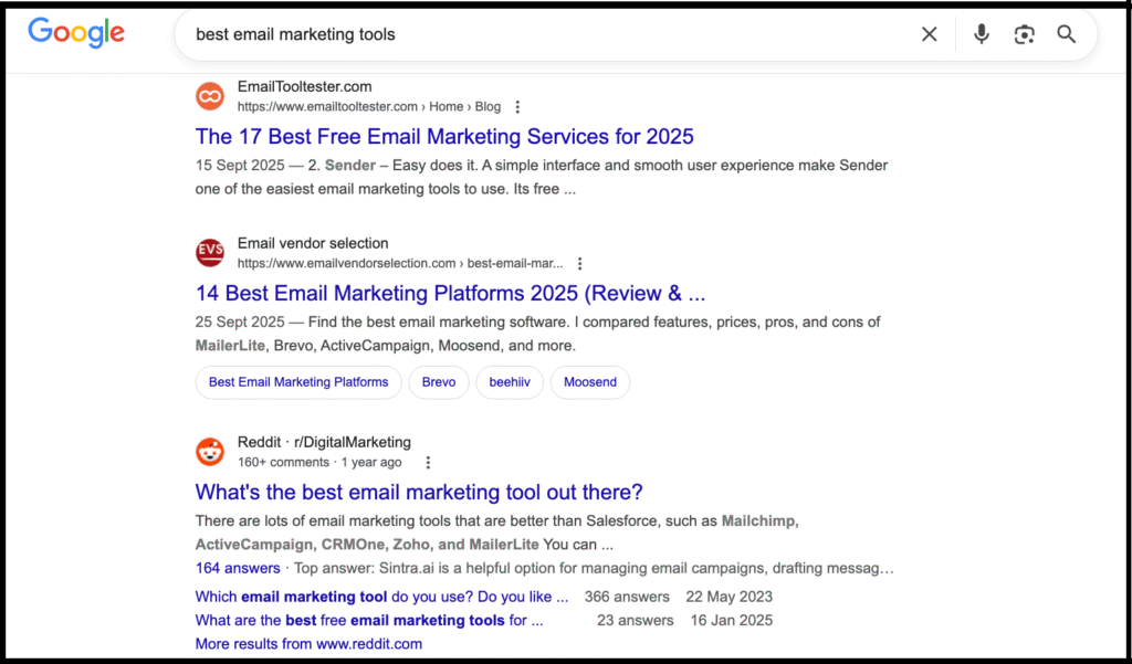 google search results for 'best email marketing tools,' showing listings from emailtooltester.com, email vendor selection, and reddit discussions