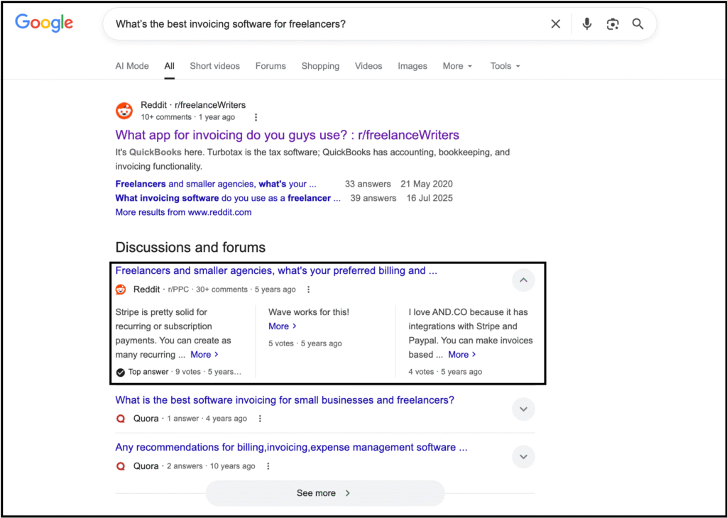 google search results for ‘best invoicing software for freelancers’ showing reddit and quora discussions recommending stripe, wave, and and.co