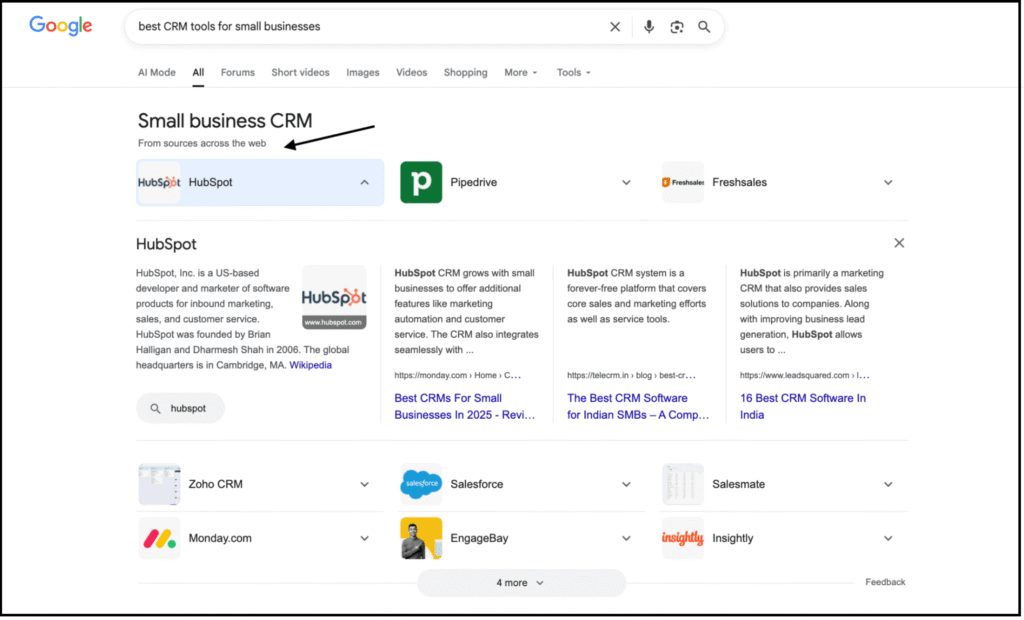 google search results showing top crm tools for small businesses