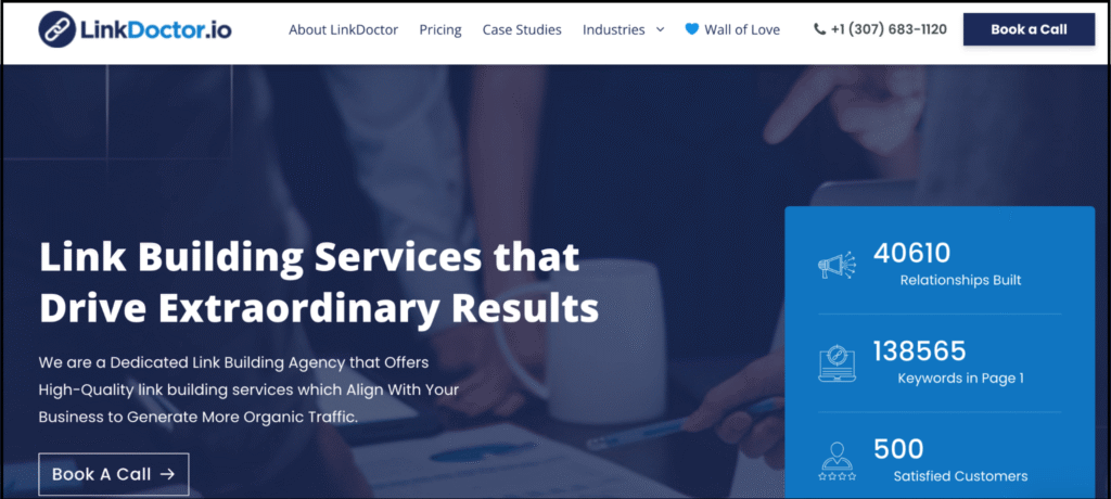 linkdoctor.io displaying the tagline “link building services that drive extraordinary results” with a “book a call” button and statistics showing relationships built, keywords ranked on page one, and satisfied customers