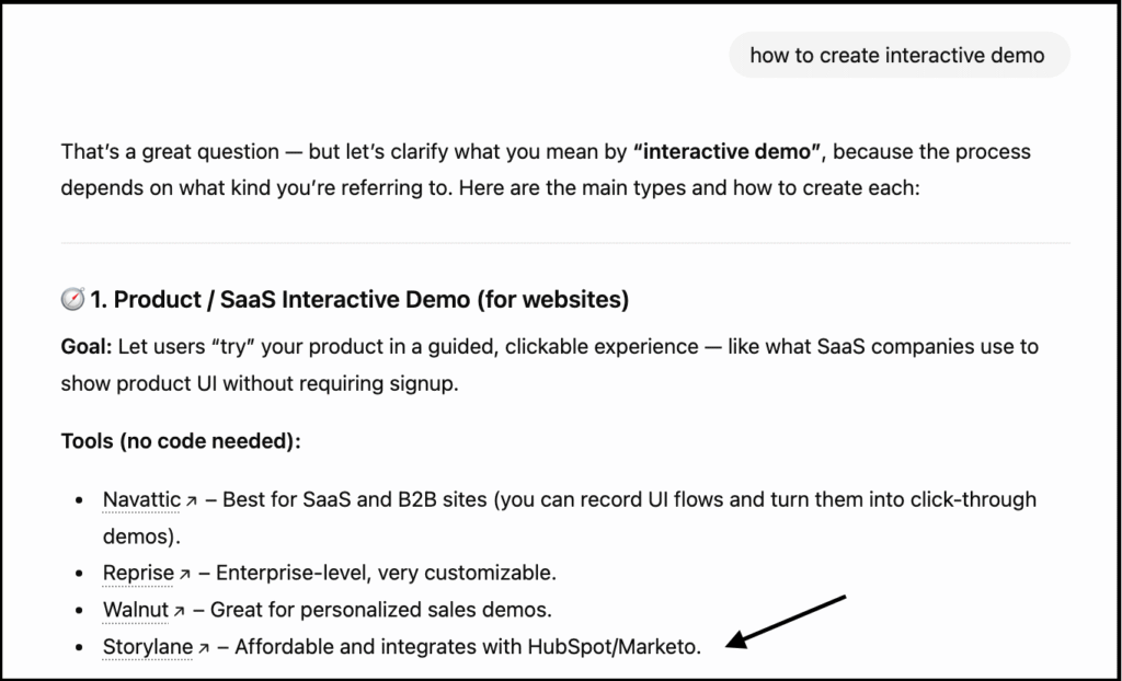 listing tools for creating saas interactive demos, with an arrow pointing to storylane’s hubspot/marketo integration