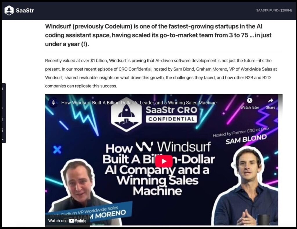 saastr article about windsurf, a fast-growing ai coding assistant startup valued over $1b, featuring a video interview with its vp of sales
