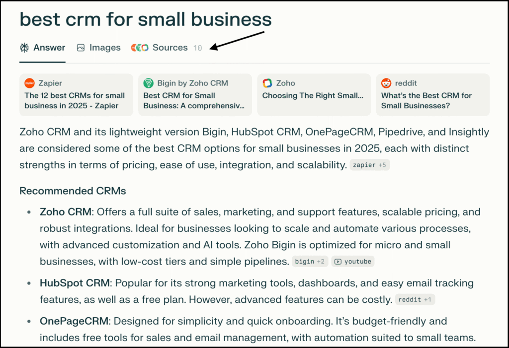 search results for “best crm for small business,” showing 10 sources and recommendations like zoho crm, hubspot crm, and onepagecrm