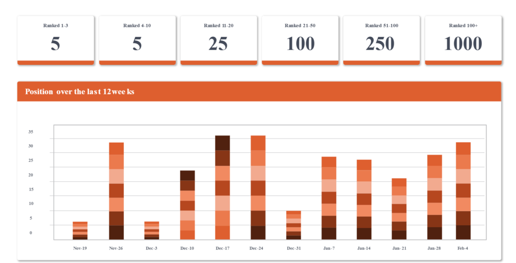 Daily updates and custom reporting for keyword rankings in SERPs