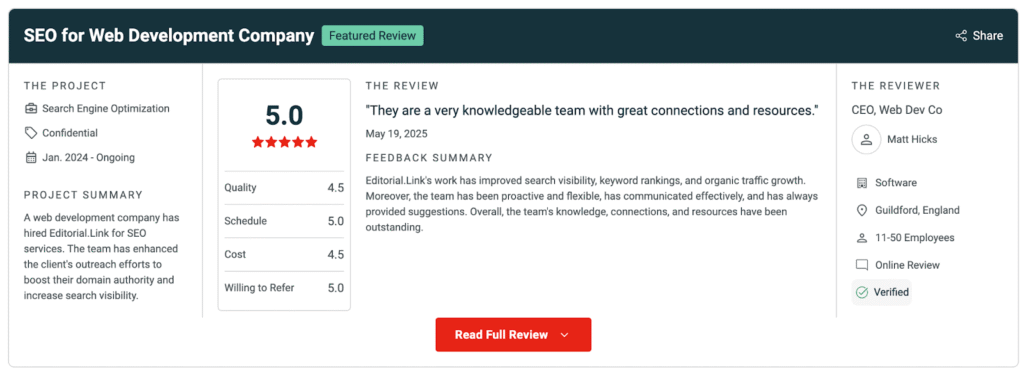 editorial.link 5-star client reviews for quality placements and consistent results.