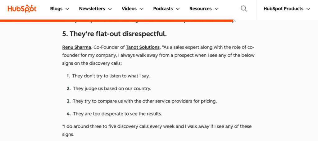 Screenshot of HubSpot article featuring expert contribution on sales prospecting insights.