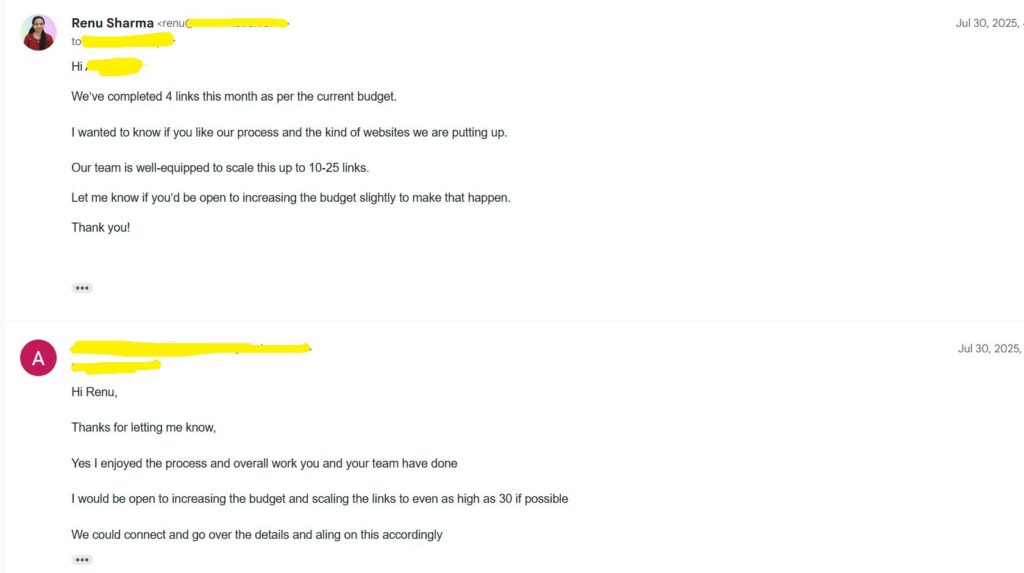 Image shows example client communication about scaling link placements safely.