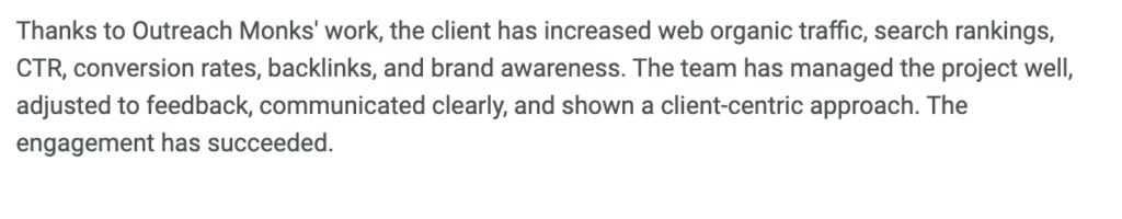 Outreach Monks client reviews highlighting improved traffic, rankings, backlinks, and strong communication.