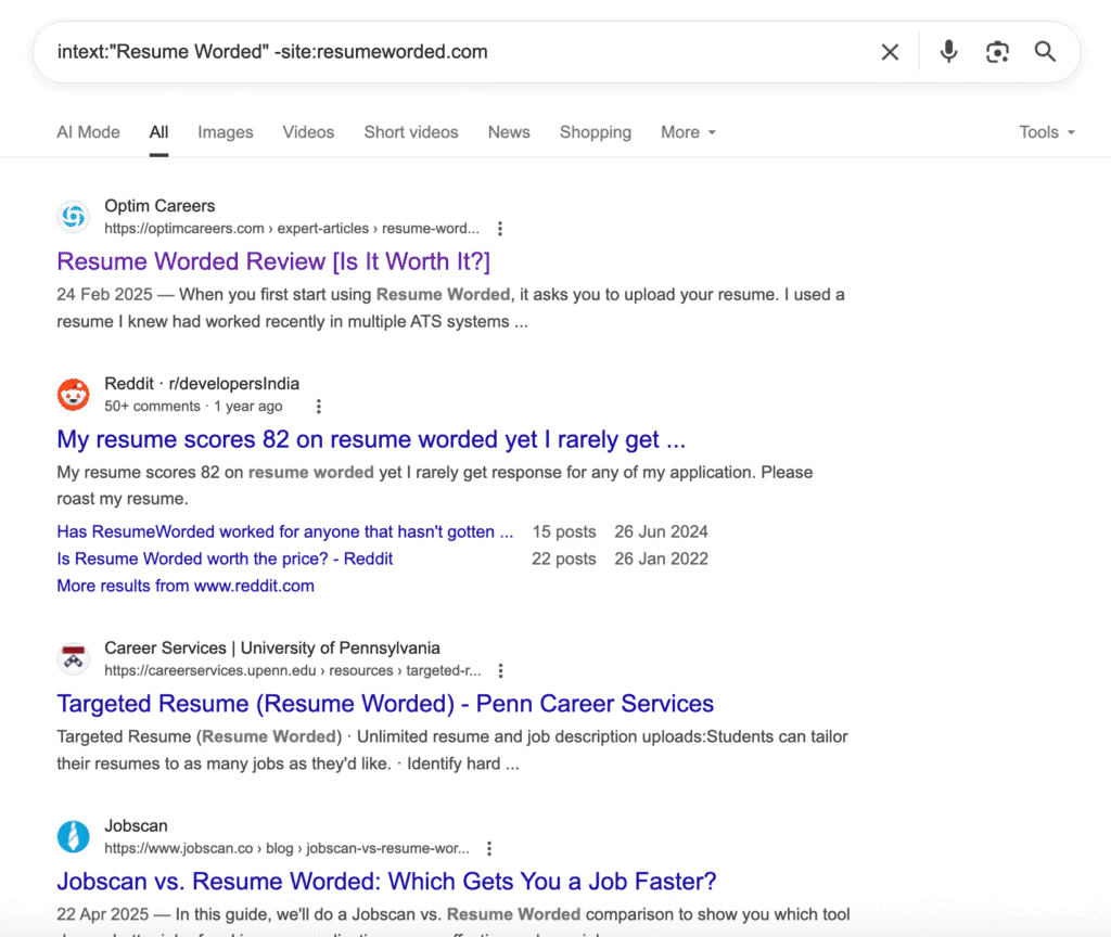 Example showing how you can use Google Search operator to look for unlinked brand mention.