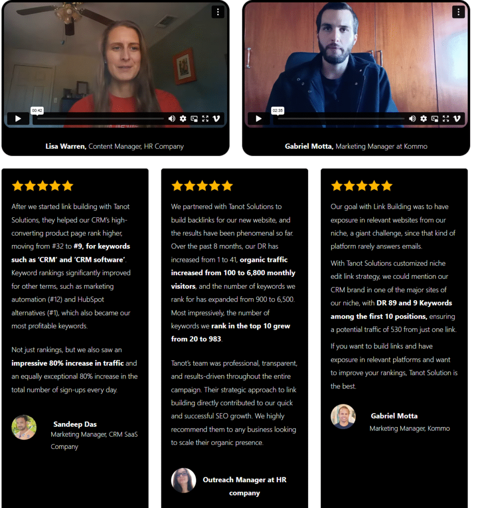 Client reviews praising Tanot Solutions for reliability, communication, and long-term results.