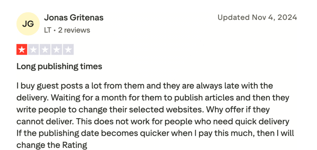 Bazoom feedback with 1-star review citing low-quality guest posts.