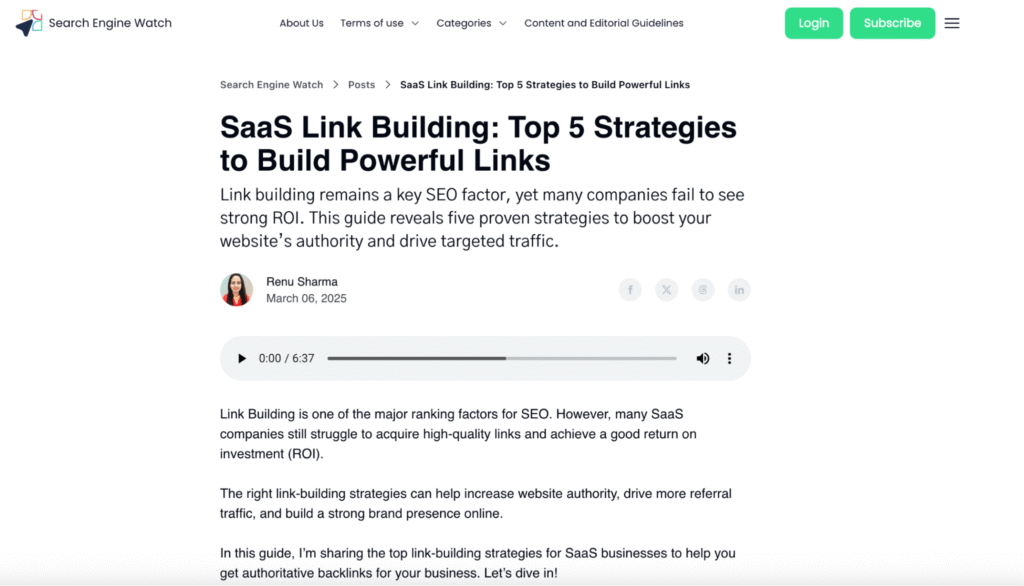 Screenshot of a published guest post on Search Engine Watch titled “SaaS Link Building” showing author contribution.