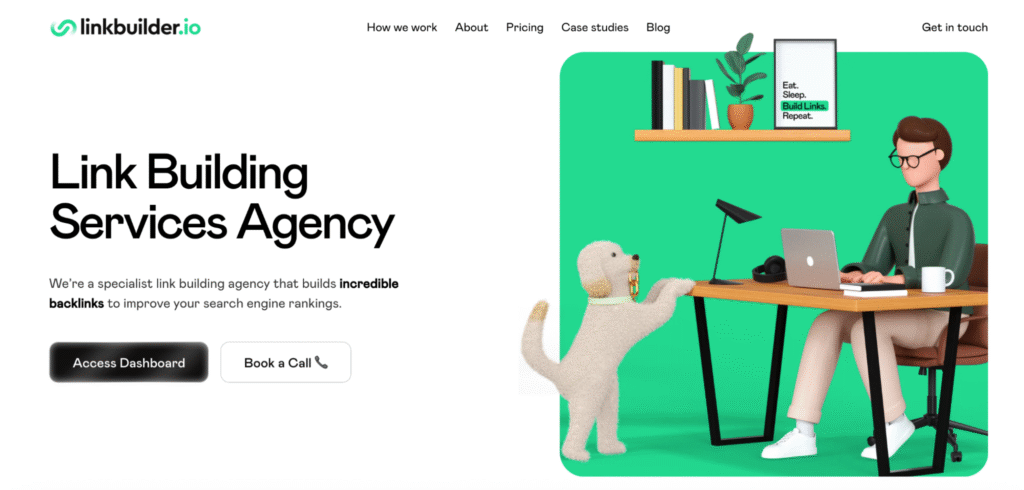 Linkbuilder.io homepage banner showing “Link Building Services Agency”