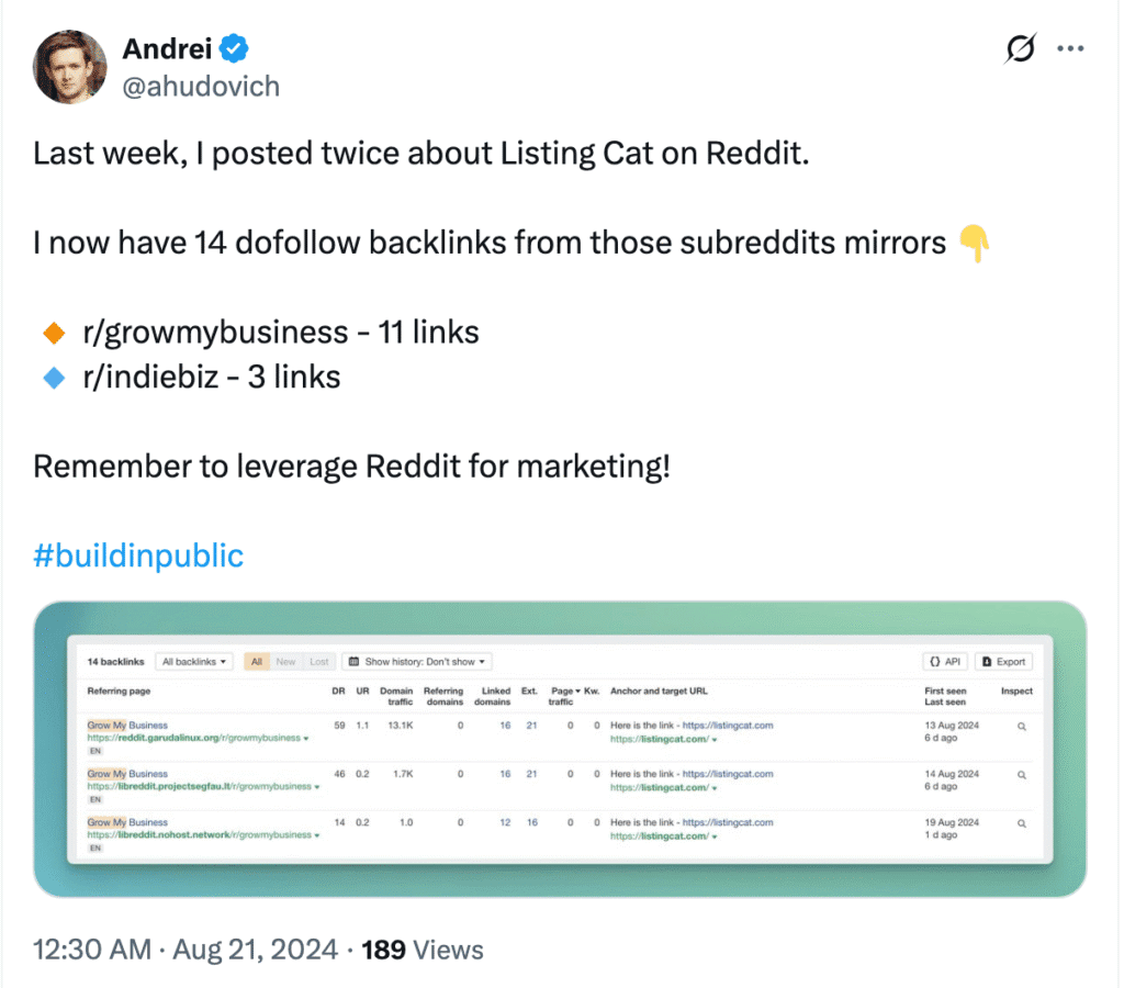 Example showing how engagement in subreddits can generate multiple dofollow backlinks.