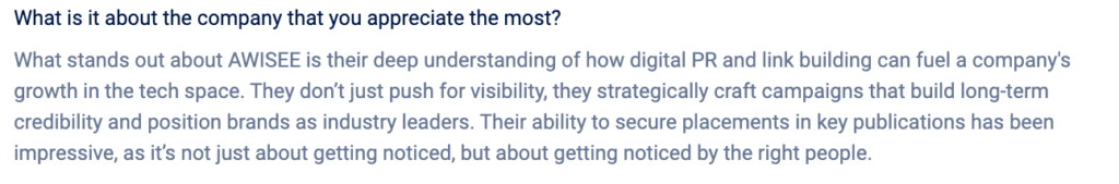 Awisee client reviews highlighting trust and credibility in link building.