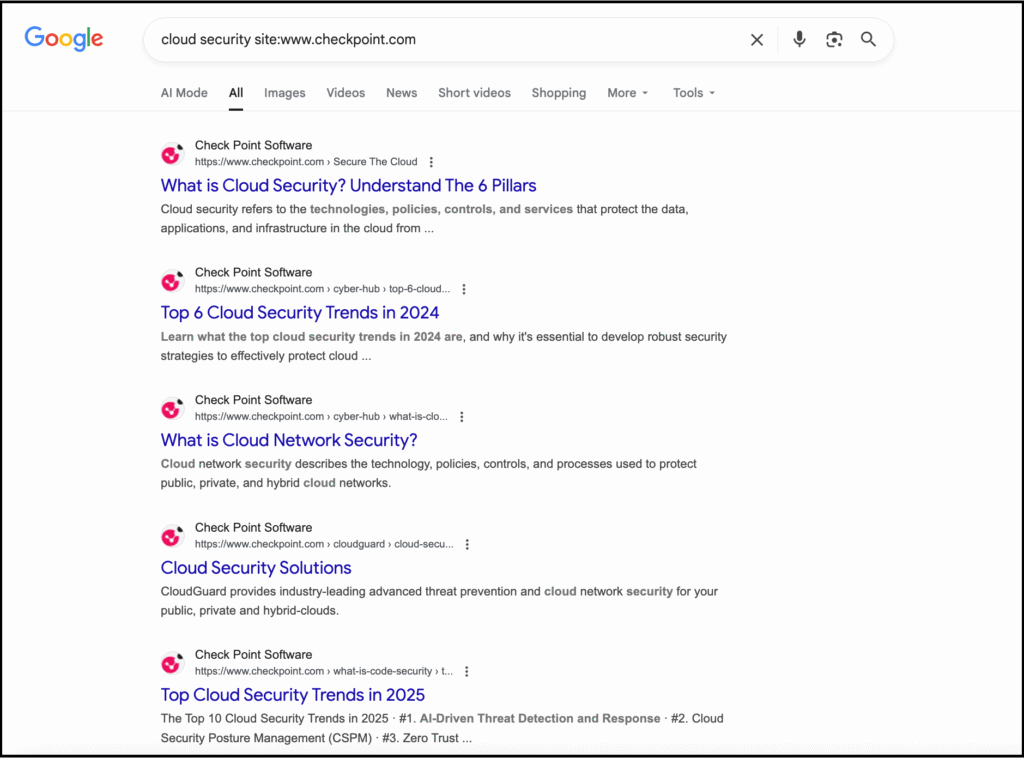 google search results showing cloud security articles from check point software’s website