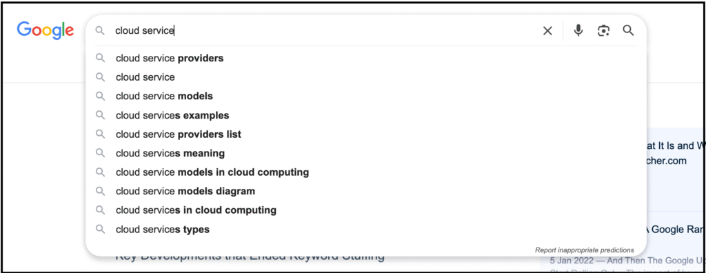 google search suggestions for cloud service