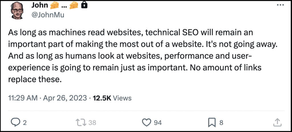 tweet by John Mu discussing SEO insights