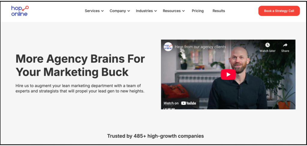 hop online homepage featuring a marketing message, client video, and navigation menu