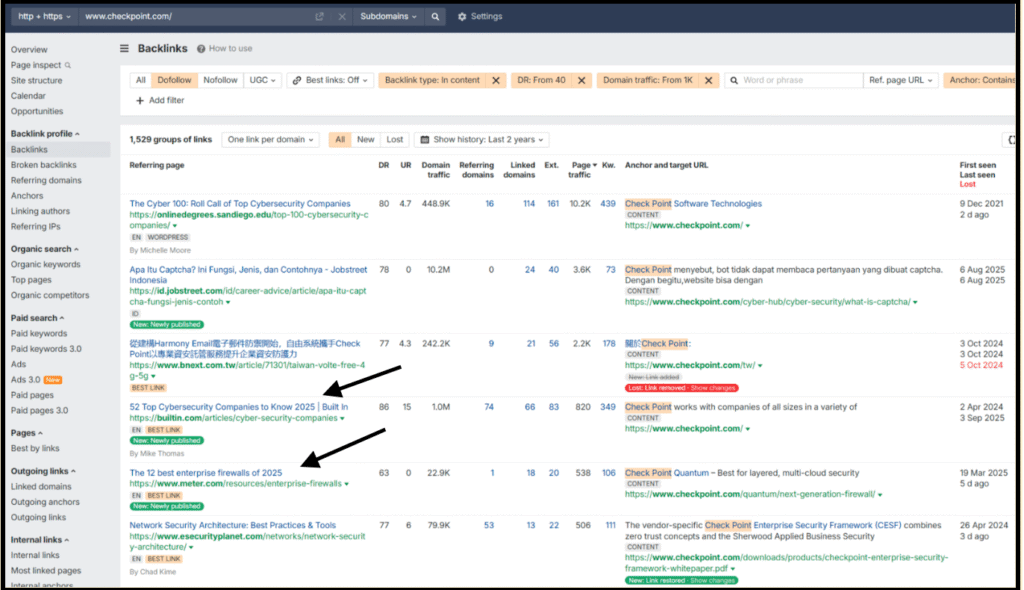 Ahrefs backlink report forCheckpoint.com showing highlighted links