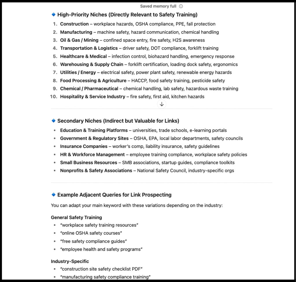 list of high-priority and secondary niches to consider for backlink outreach