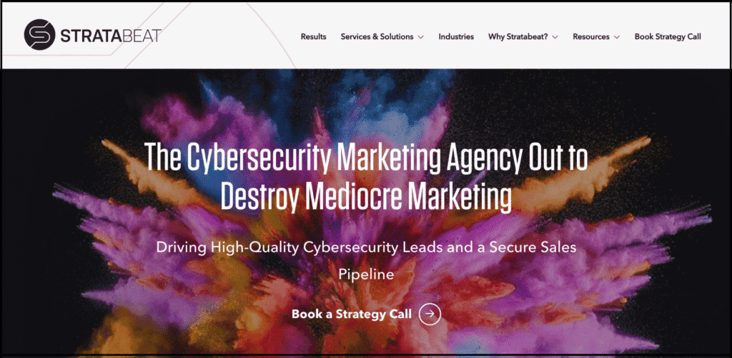Stratabeat homepage with bold headline about cybersecurity marketing and a colorful background