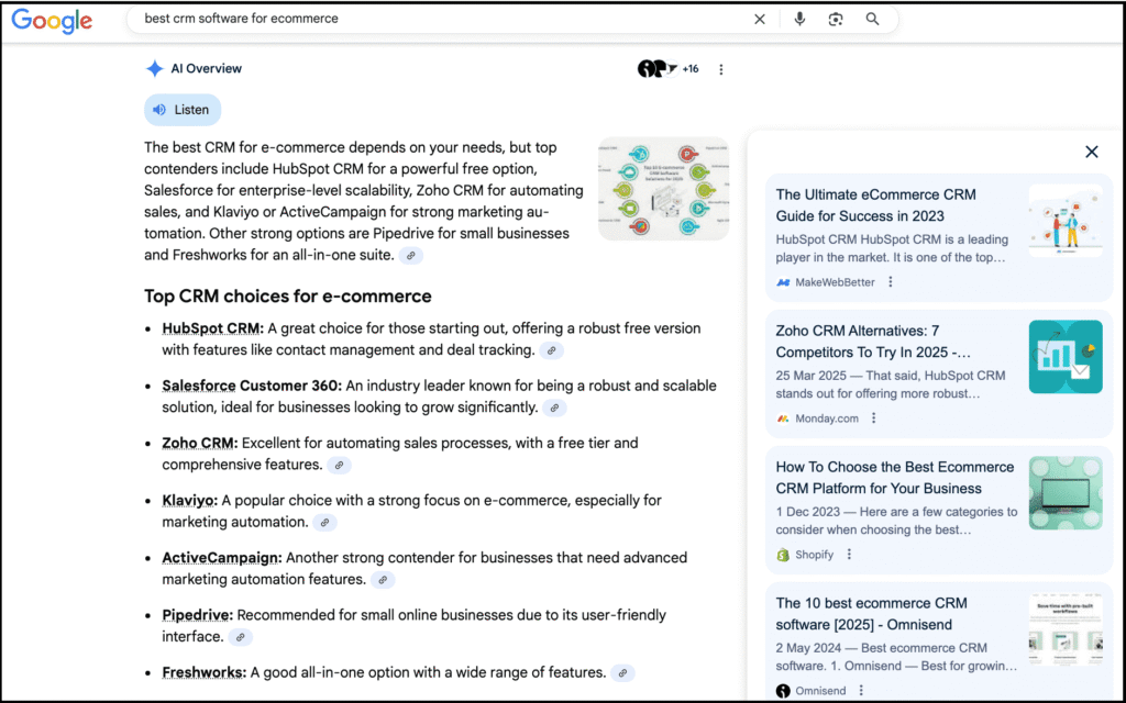 google search results for best crm software for ecommerce showing ai overview with top crm options