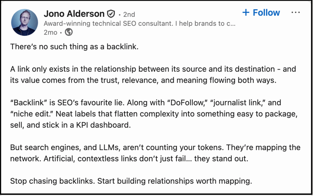 linkedin post by jono alderson about backlinks and relationship building in seo
