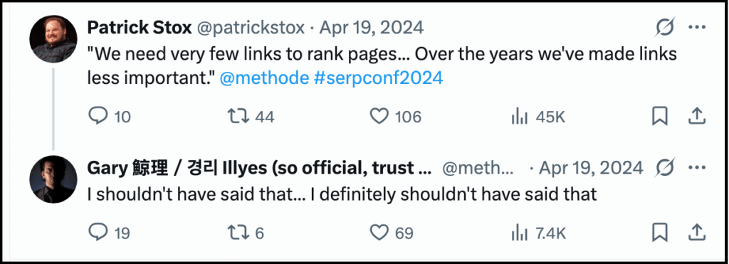 twitter exchange between patrick stox and gary illyes in april 2024 about google’s link importance
