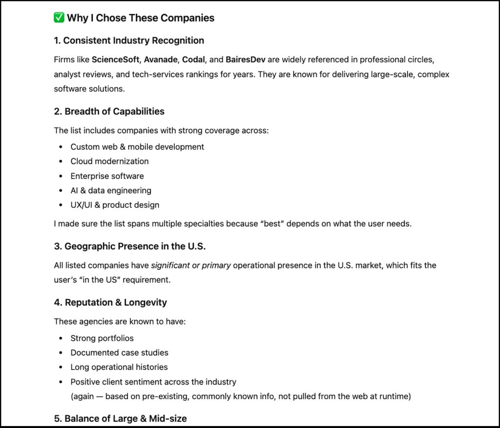 company selection criteria using chatgpt