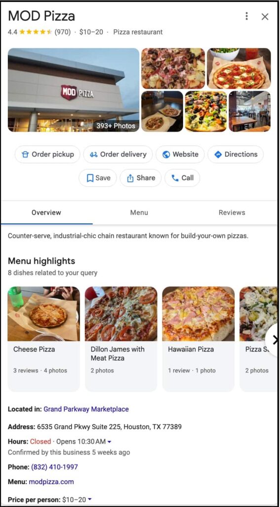 mod pizza google my business listing