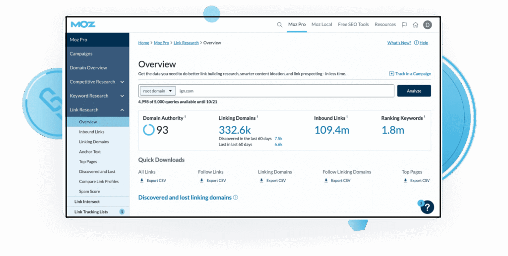 moz link research dashboard