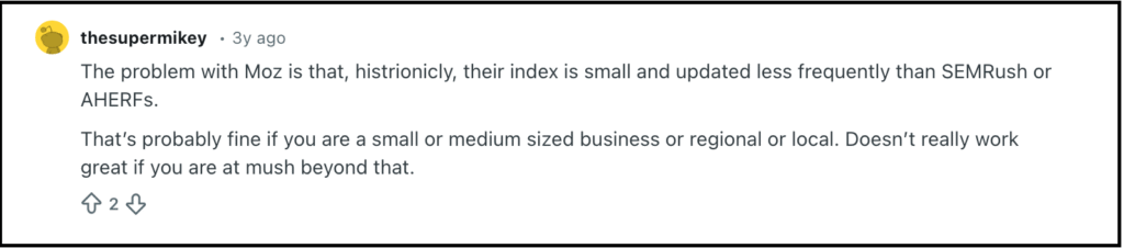 moz review regarding backlink index is smaller and slower to updated