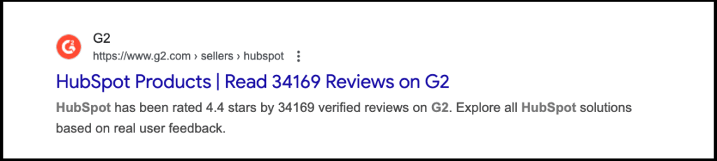 search result showing hubspot product reviews on g2 with 34,169 ratings