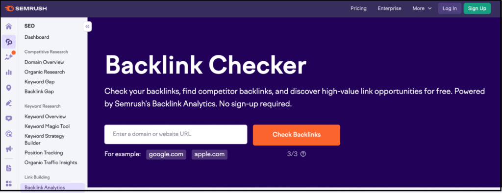 semrush backlink checker dashboard