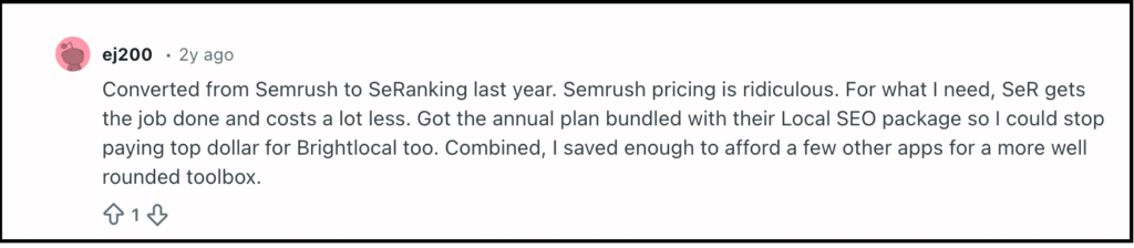 seranking cost savings comment by user