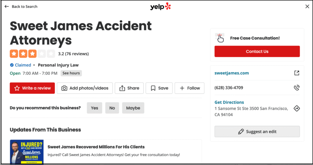 sweet james yelp listing