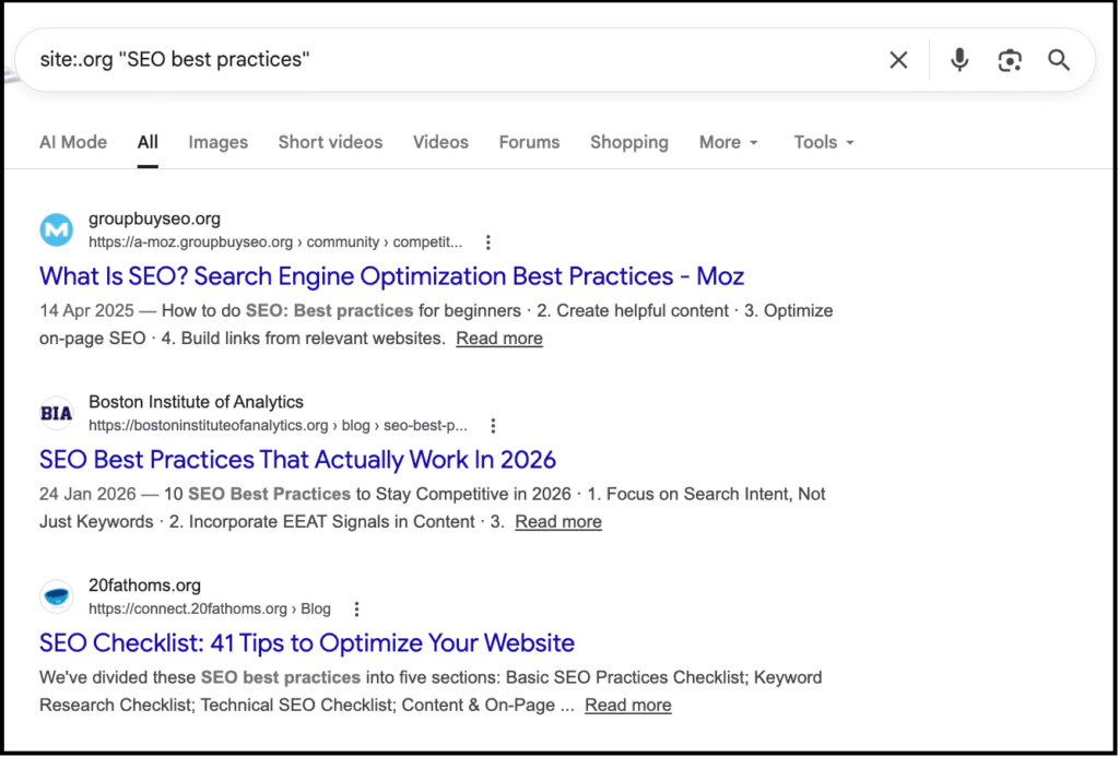 screenshot of google results using a search operator
