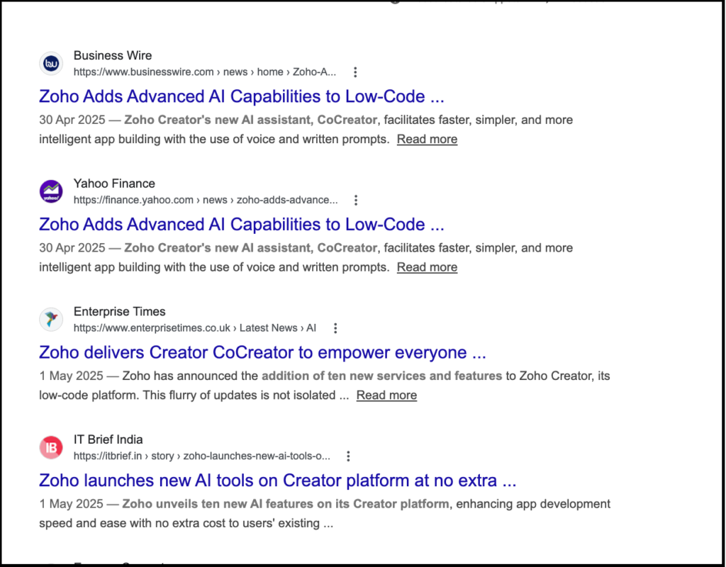 search results for zoho ai news