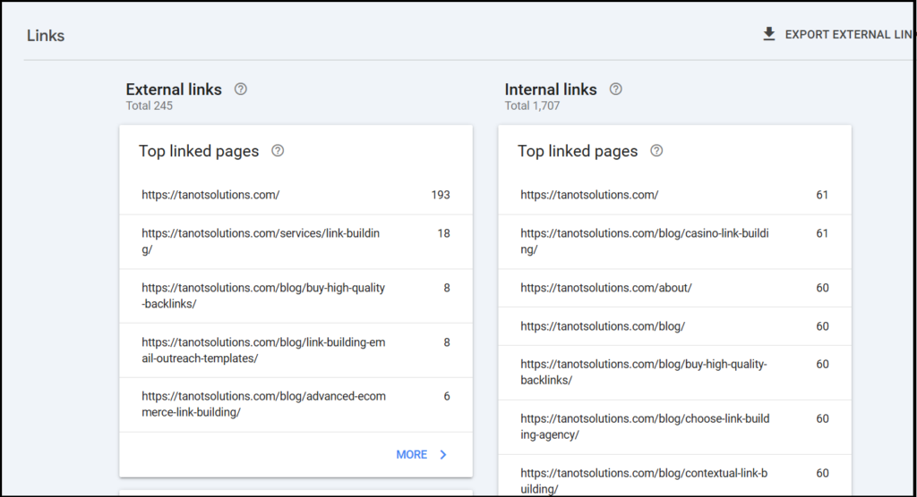 top linked pages report in google search console