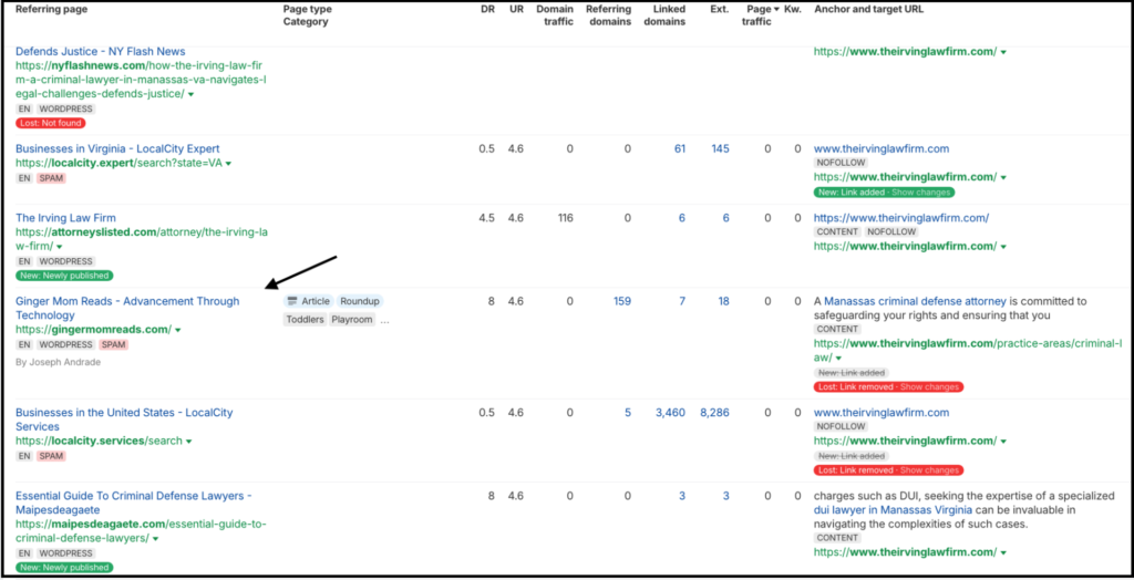 backlink referring pages report