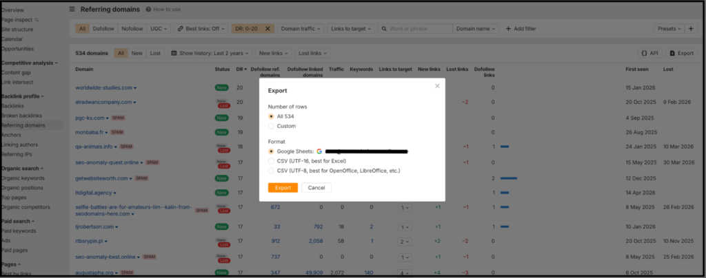 backlink export settings in seo tool