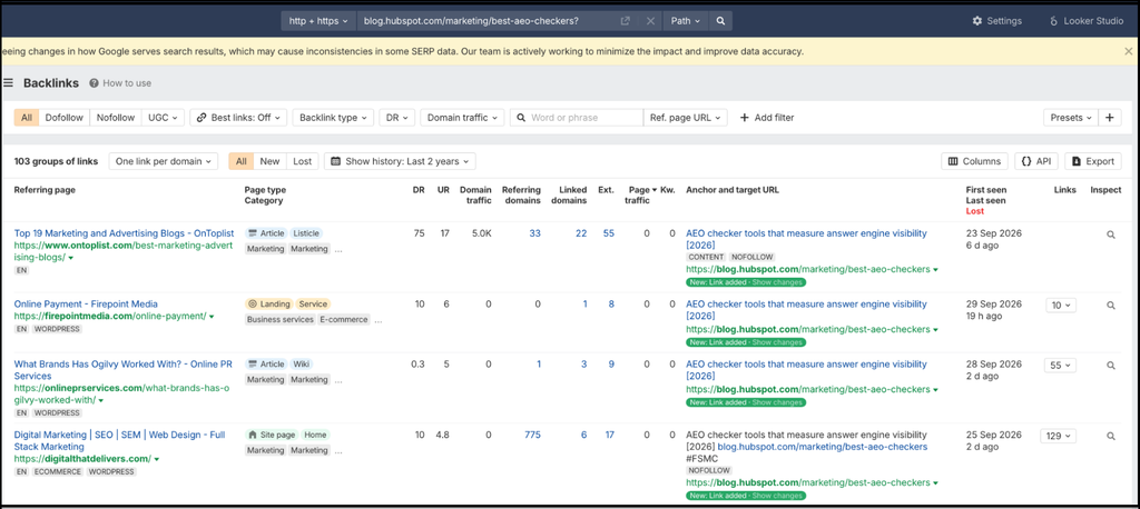 backlinks report for hubspot aeo checkers